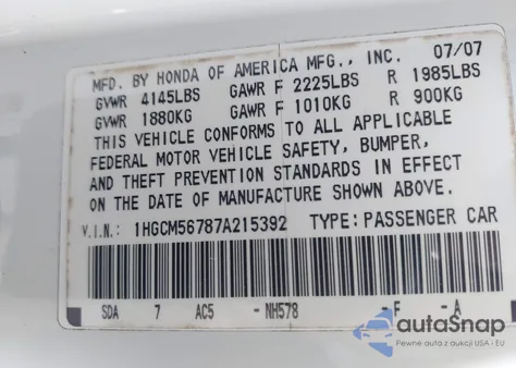 2007 Honda Accord 2.4 Ex z USA, uszkodzony, nr VIN 1HGCM56787A215392